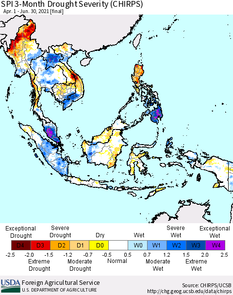South East Asia SPI 3-Month Drought Severity (CHIRPS) Thematic Map For 4/1/2021 - 6/30/2021
