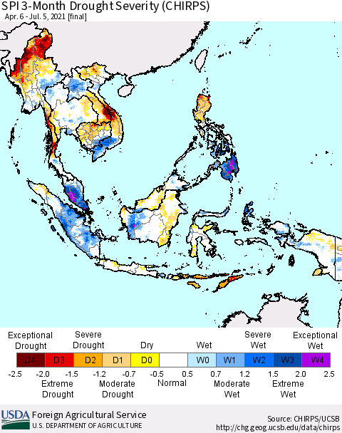 South East Asia SPI 3-Month Drought Severity (CHIRPS) Thematic Map For 4/6/2021 - 7/5/2021