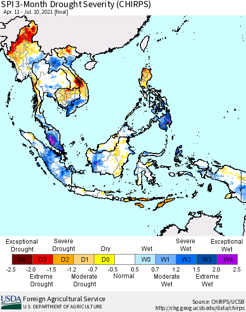South East Asia SPI 3-Month Drought Severity (CHIRPS) Thematic Map For 4/11/2021 - 7/10/2021