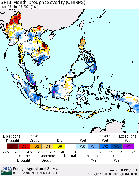South East Asia SPI 3-Month Drought Severity (CHIRPS) Thematic Map For 4/16/2021 - 7/15/2021