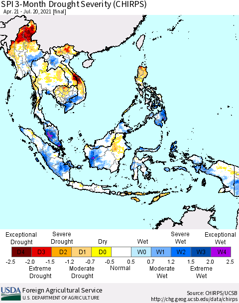 South East Asia SPI 3-Month Drought Severity (CHIRPS) Thematic Map For 4/21/2021 - 7/20/2021