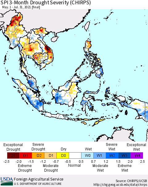 South East Asia SPI 3-Month Drought Severity (CHIRPS) Thematic Map For 5/1/2021 - 7/31/2021