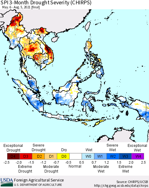 South East Asia SPI 3-Month Drought Severity (CHIRPS) Thematic Map For 5/6/2021 - 8/5/2021