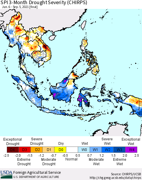 South East Asia SPI 3-Month Drought Severity (CHIRPS) Thematic Map For 6/6/2021 - 9/5/2021