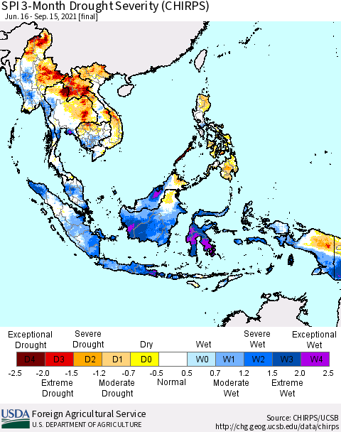 South East Asia SPI 3-Month Drought Severity (CHIRPS) Thematic Map For 6/16/2021 - 9/15/2021