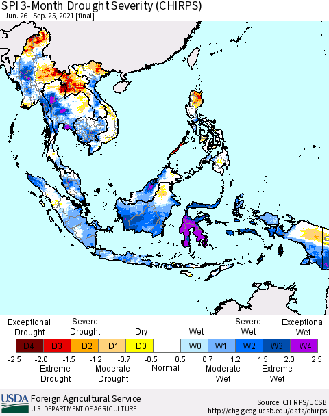 South East Asia SPI 3-Month Drought Severity (CHIRPS) Thematic Map For 6/26/2021 - 9/25/2021