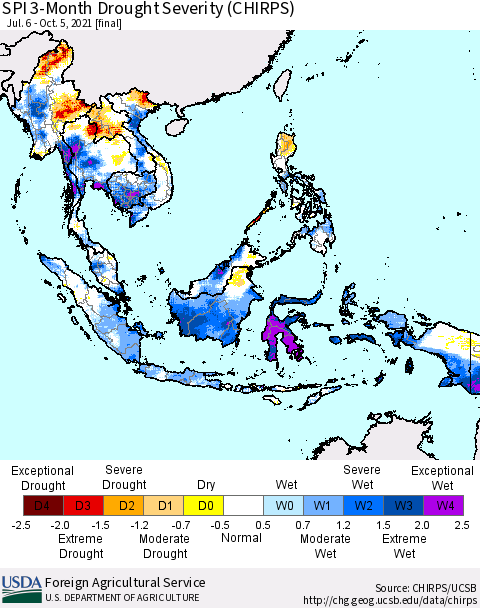 South East Asia SPI 3-Month Drought Severity (CHIRPS) Thematic Map For 7/6/2021 - 10/5/2021