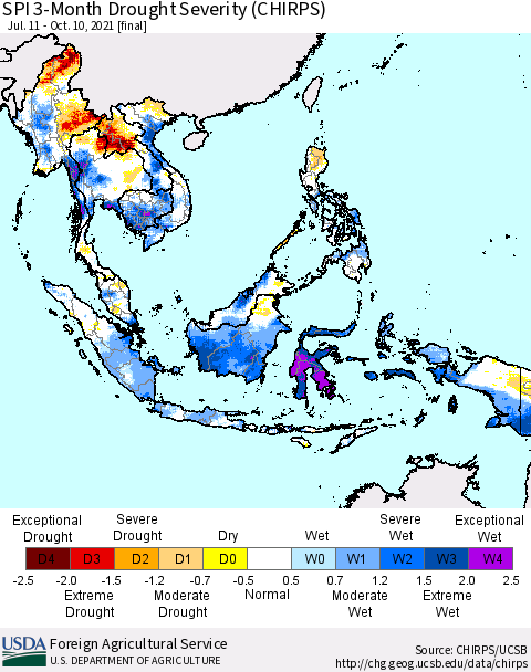 South East Asia SPI 3-Month Drought Severity (CHIRPS) Thematic Map For 7/11/2021 - 10/10/2021