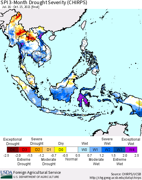 South East Asia SPI 3-Month Drought Severity (CHIRPS) Thematic Map For 7/16/2021 - 10/15/2021
