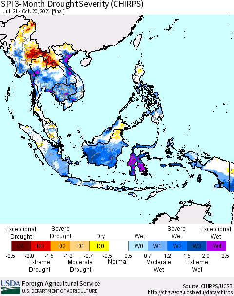South East Asia SPI 3-Month Drought Severity (CHIRPS) Thematic Map For 7/21/2021 - 10/20/2021