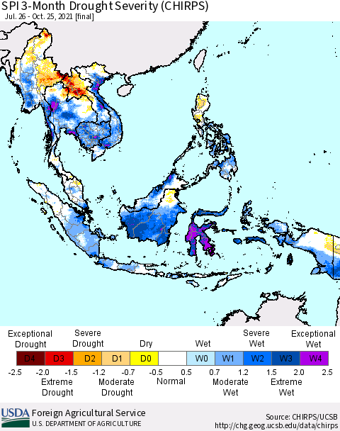 South East Asia SPI 3-Month Drought Severity (CHIRPS) Thematic Map For 7/26/2021 - 10/25/2021