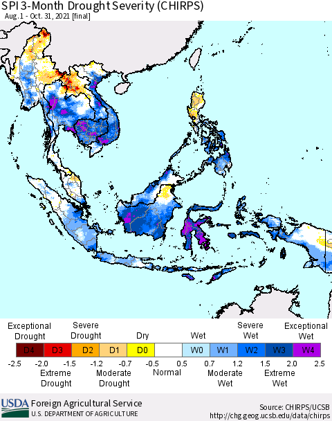 South East Asia SPI 3-Month Drought Severity (CHIRPS) Thematic Map For 8/1/2021 - 10/31/2021
