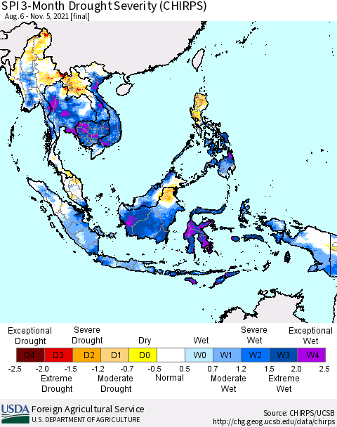South East Asia SPI 3-Month Drought Severity (CHIRPS) Thematic Map For 8/6/2021 - 11/5/2021