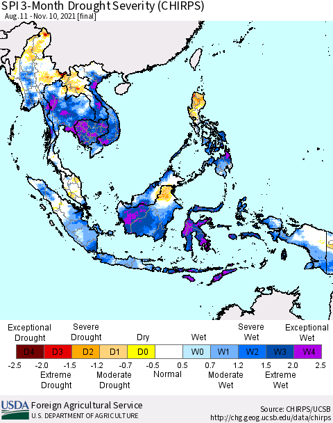 South East Asia SPI 3-Month Drought Severity (CHIRPS) Thematic Map For 8/11/2021 - 11/10/2021