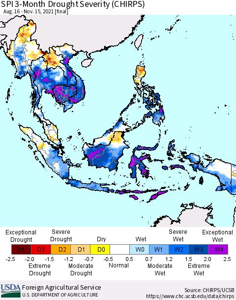 South East Asia SPI 3-Month Drought Severity (CHIRPS) Thematic Map For 8/16/2021 - 11/15/2021