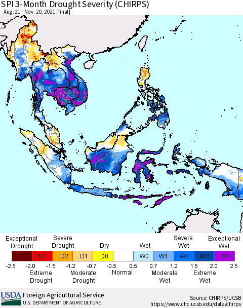 South East Asia SPI 3-Month Drought Severity (CHIRPS) Thematic Map For 8/21/2021 - 11/20/2021