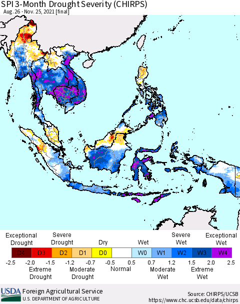 South East Asia SPI 3-Month Drought Severity (CHIRPS) Thematic Map For 8/26/2021 - 11/25/2021
