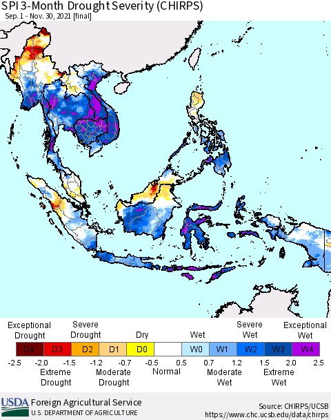 South East Asia SPI 3-Month Drought Severity (CHIRPS) Thematic Map For 9/1/2021 - 11/30/2021