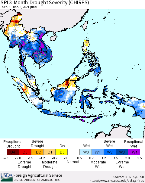 South East Asia SPI 3-Month Drought Severity (CHIRPS) Thematic Map For 9/6/2021 - 12/5/2021