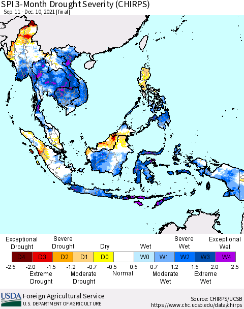 South East Asia SPI 3-Month Drought Severity (CHIRPS) Thematic Map For 9/11/2021 - 12/10/2021