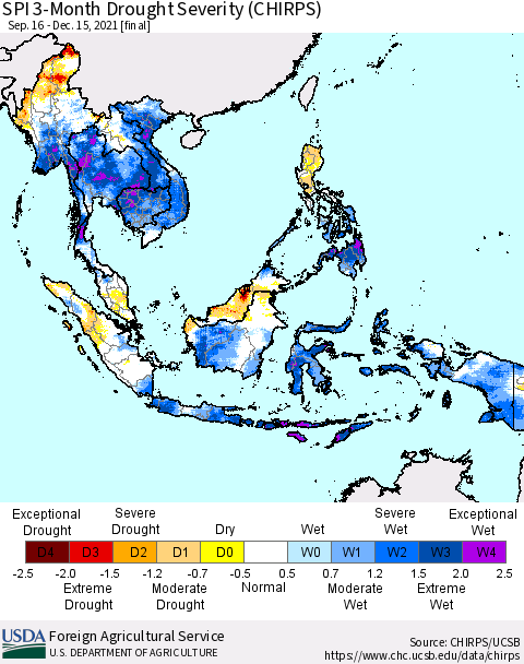 South East Asia SPI 3-Month Drought Severity (CHIRPS) Thematic Map For 9/16/2021 - 12/15/2021