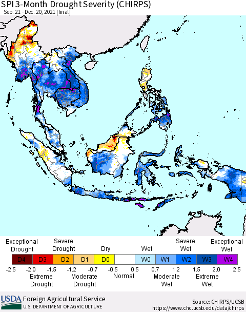 South East Asia SPI 3-Month Drought Severity (CHIRPS) Thematic Map For 9/21/2021 - 12/20/2021