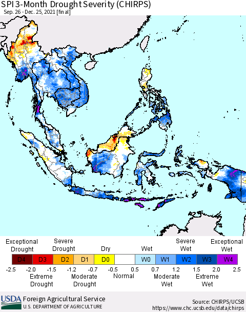 South East Asia SPI 3-Month Drought Severity (CHIRPS) Thematic Map For 9/26/2021 - 12/25/2021
