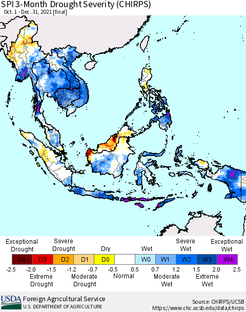 South East Asia SPI 3-Month Drought Severity (CHIRPS) Thematic Map For 10/1/2021 - 12/31/2021