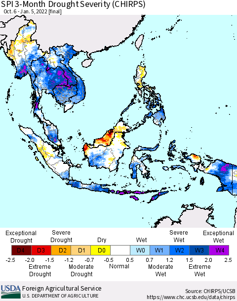 South East Asia SPI 3-Month Drought Severity (CHIRPS) Thematic Map For 10/6/2021 - 1/5/2022