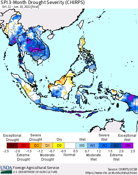 South East Asia SPI 3-Month Drought Severity (CHIRPS) Thematic Map For 10/11/2021 - 1/10/2022