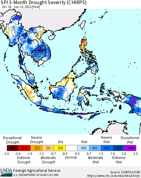 South East Asia SPI 3-Month Drought Severity (CHIRPS) Thematic Map For 10/16/2021 - 1/15/2022