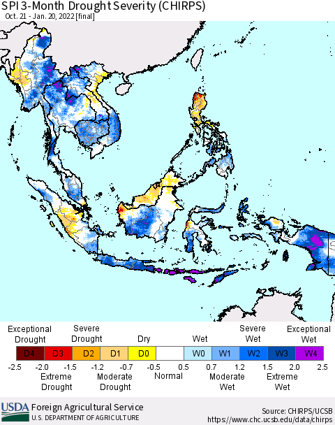 South East Asia SPI 3-Month Drought Severity (CHIRPS) Thematic Map For 10/21/2021 - 1/20/2022