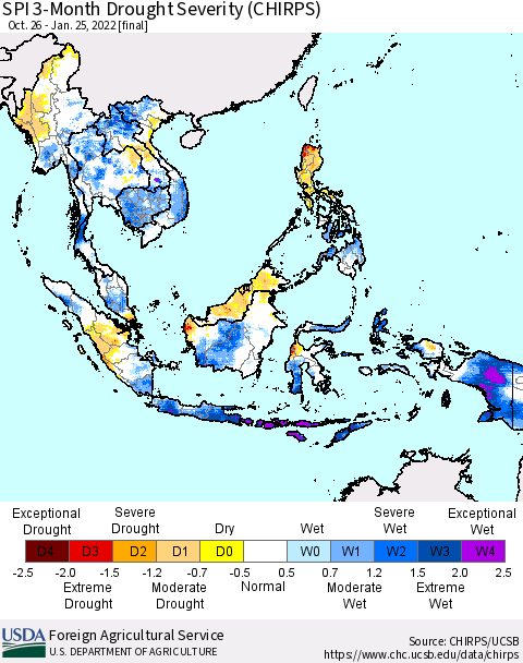 South East Asia SPI 3-Month Drought Severity (CHIRPS) Thematic Map For 10/26/2021 - 1/25/2022