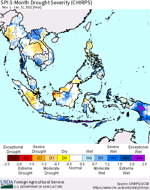 South East Asia SPI 3-Month Drought Severity (CHIRPS) Thematic Map For 11/1/2021 - 1/31/2022