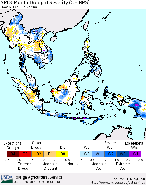 South East Asia SPI 3-Month Drought Severity (CHIRPS) Thematic Map For 11/6/2021 - 2/5/2022