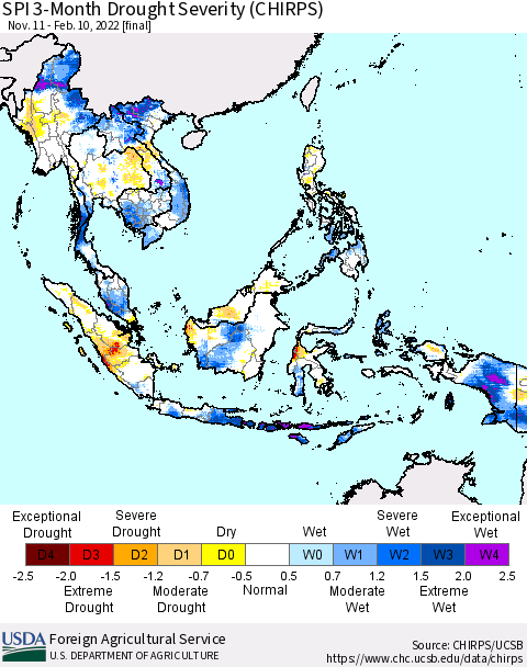 South East Asia SPI 3-Month Drought Severity (CHIRPS) Thematic Map For 11/11/2021 - 2/10/2022