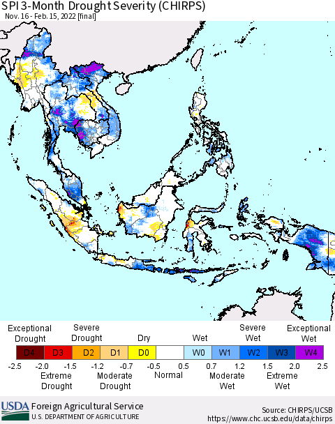 South East Asia SPI 3-Month Drought Severity (CHIRPS) Thematic Map For 11/16/2021 - 2/15/2022