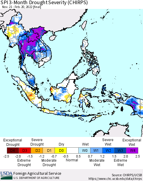 South East Asia SPI 3-Month Drought Severity (CHIRPS) Thematic Map For 11/21/2021 - 2/20/2022