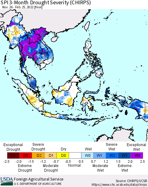 South East Asia SPI 3-Month Drought Severity (CHIRPS) Thematic Map For 11/26/2021 - 2/25/2022