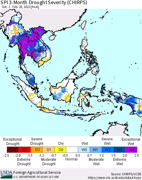 South East Asia SPI 3-Month Drought Severity (CHIRPS) Thematic Map For 12/1/2021 - 2/28/2022