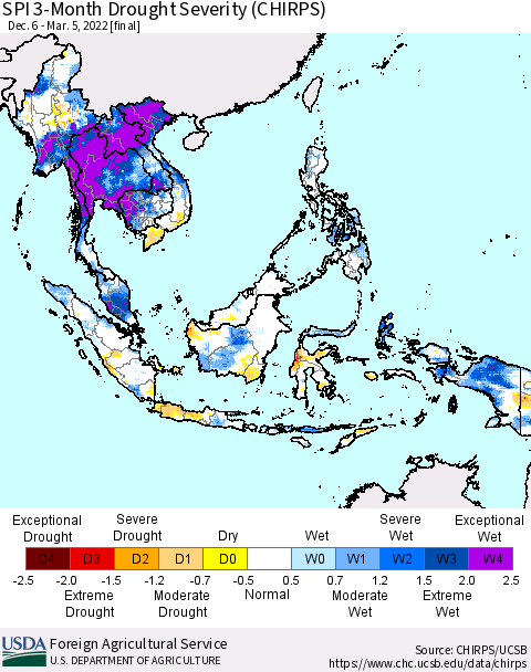 South East Asia SPI 3-Month Drought Severity (CHIRPS) Thematic Map For 12/6/2021 - 3/5/2022