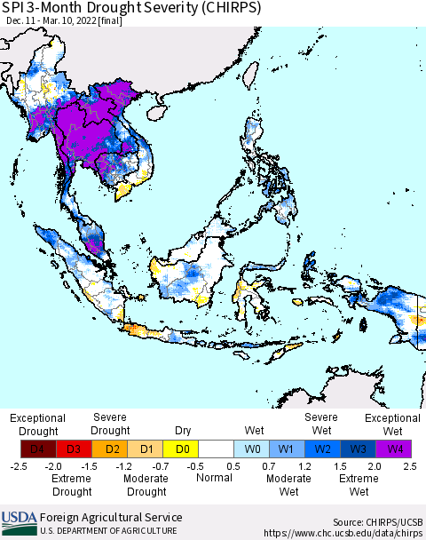 South East Asia SPI 3-Month Drought Severity (CHIRPS) Thematic Map For 12/11/2021 - 3/10/2022