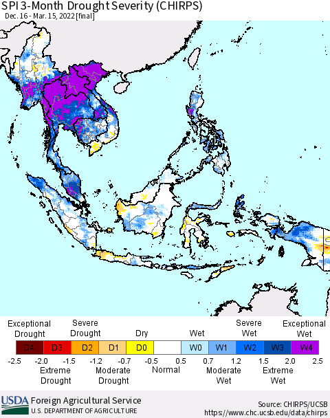 South East Asia SPI 3-Month Drought Severity (CHIRPS) Thematic Map For 12/16/2021 - 3/15/2022