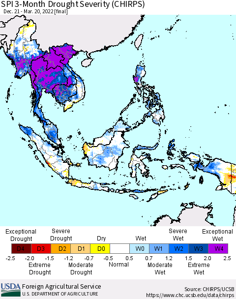 South East Asia SPI 3-Month Drought Severity (CHIRPS) Thematic Map For 12/21/2021 - 3/20/2022