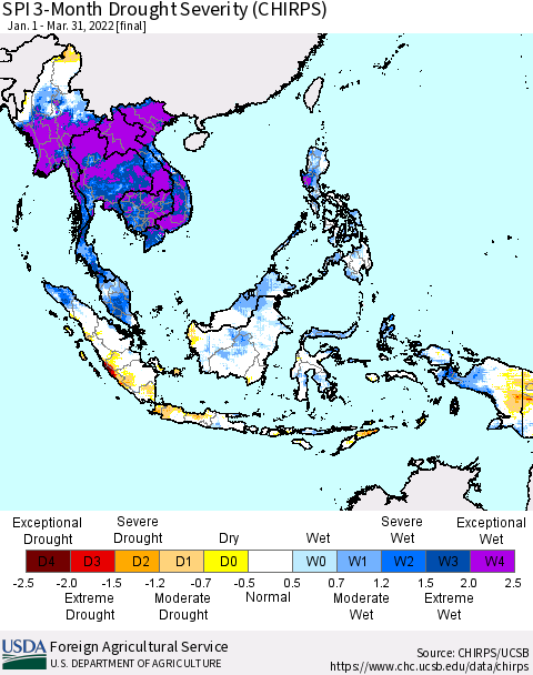 South East Asia SPI 3-Month Drought Severity (CHIRPS) Thematic Map For 1/1/2022 - 3/31/2022