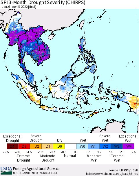 South East Asia SPI 3-Month Drought Severity (CHIRPS) Thematic Map For 1/6/2022 - 4/5/2022