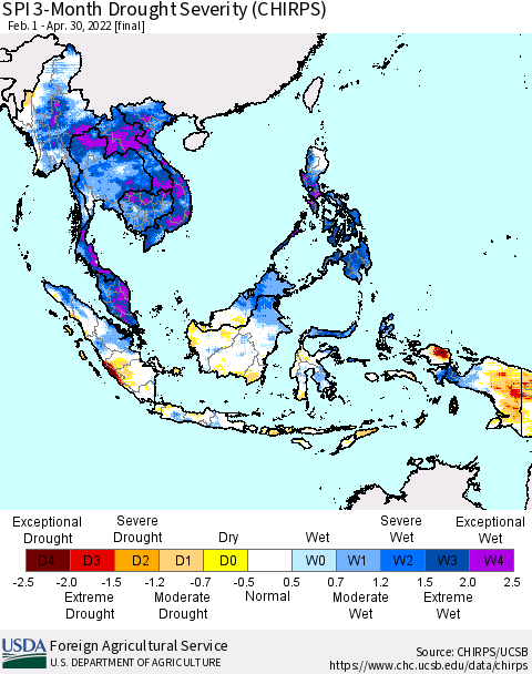 South East Asia SPI 3-Month Drought Severity (CHIRPS) Thematic Map For 2/1/2022 - 4/30/2022