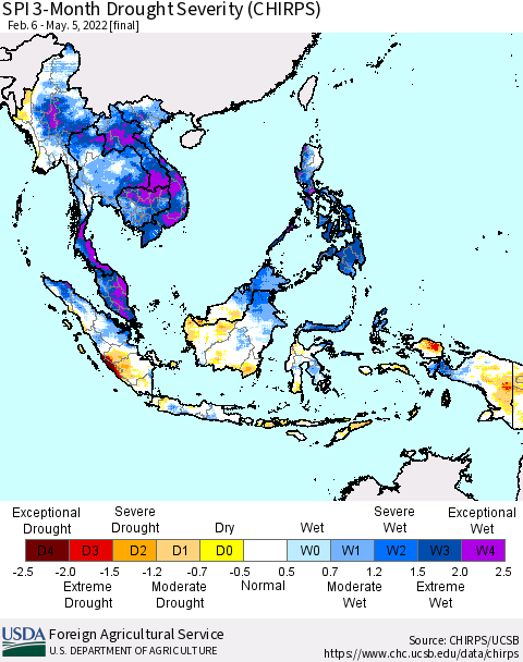 South East Asia SPI 3-Month Drought Severity (CHIRPS) Thematic Map For 2/6/2022 - 5/5/2022