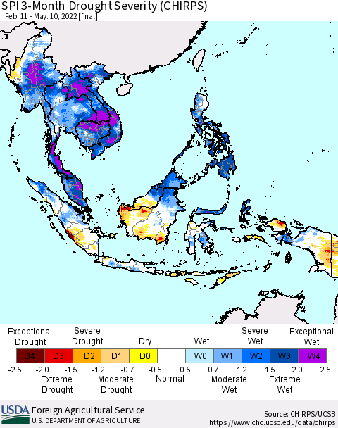 South East Asia SPI 3-Month Drought Severity (CHIRPS) Thematic Map For 2/11/2022 - 5/10/2022