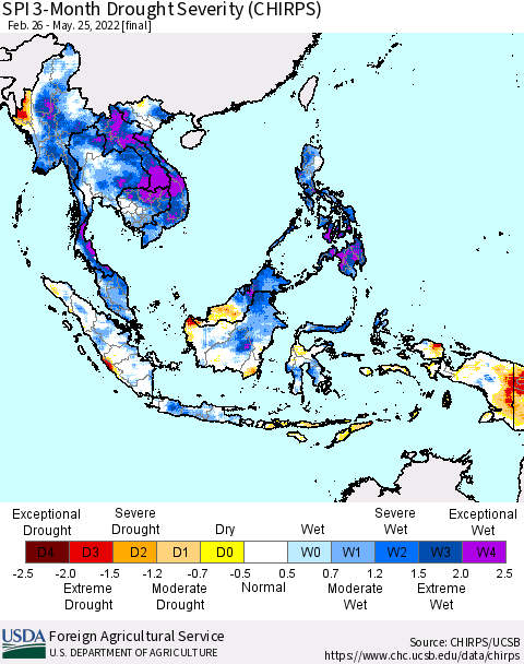 South East Asia SPI 3-Month Drought Severity (CHIRPS) Thematic Map For 2/26/2022 - 5/25/2022